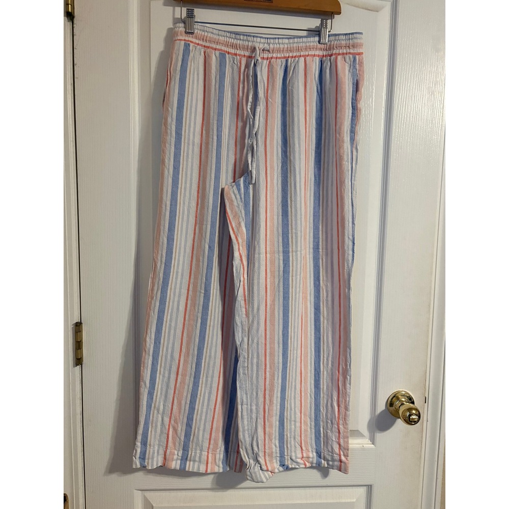 Rafaella Linen Blend Striped Wide Leg Drawstring Pants Blue Coral Large Resort